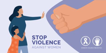 Stop Violence Against Women: A mother protects herself and her daughter against someone's fist. 