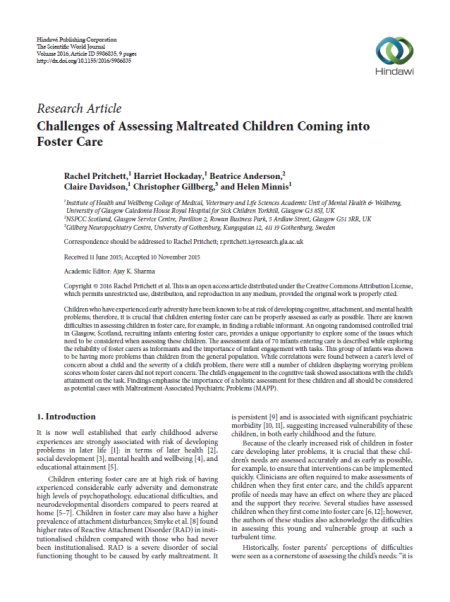 Challenges of Assessing Maltreated Children Coming into Foster Care 