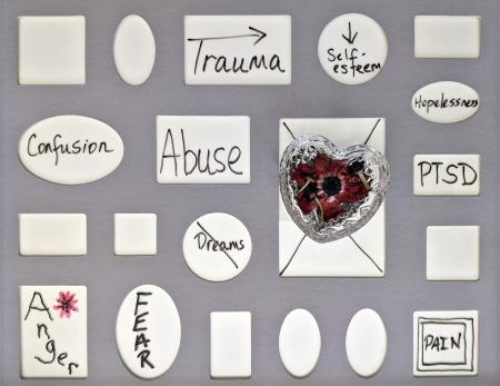 cards with signs: trauma, abuse, confusion, ptsd